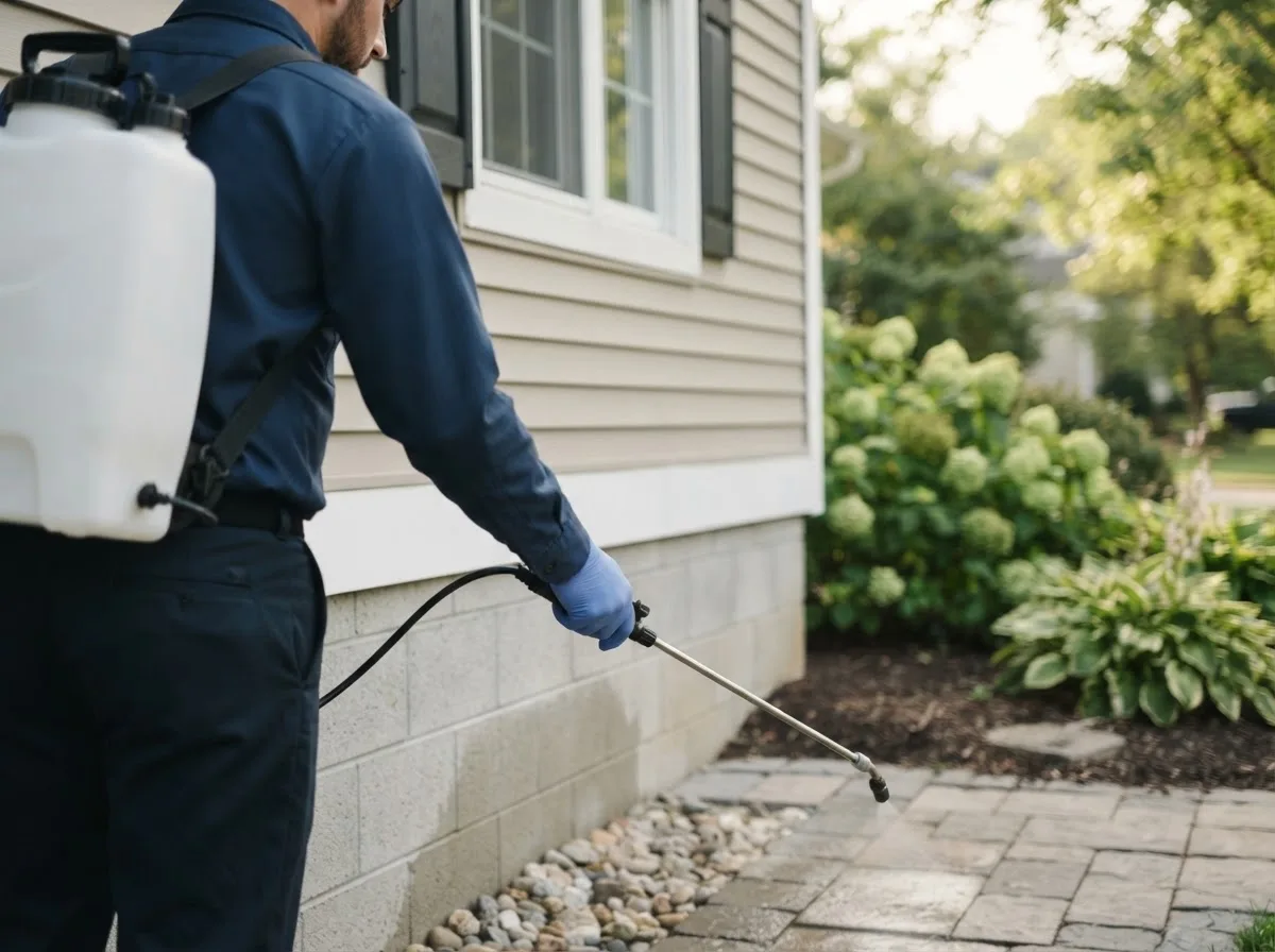 Pest control technician inspecting a home in Timberlake, NC